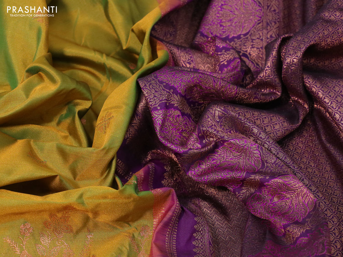 Bangalori silk saree mehendi green and deep purple with copper zari woven buttas and long copper zari woven border