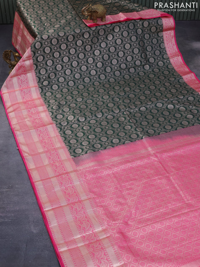 Bangalori silk saree dark green and pink with allover silver zari woven brocade weaves and long silver zari woven border