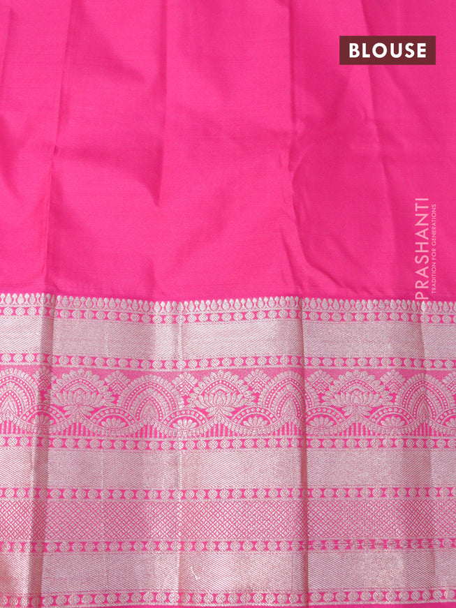 Bangalori silk saree dark green and pink with allover silver zari woven brocade weaves and long silver zari woven border