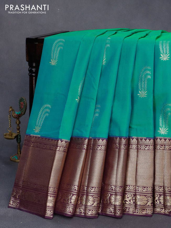 Bangalori silk saree teal green and deep purple with zari woven buttas and long zari woven border