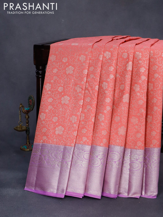 Bangalori silk saree pink and lavender shade with allover silver zari woven brocade weaves and silver zari woven border