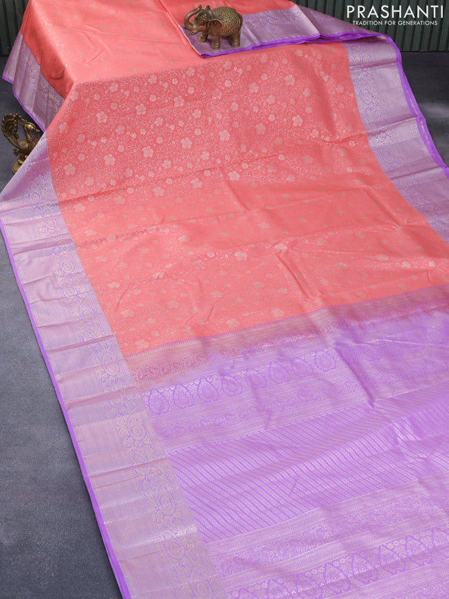 Bangalori silk saree pink and lavender shade with allover silver zari woven brocade weaves and silver zari woven border