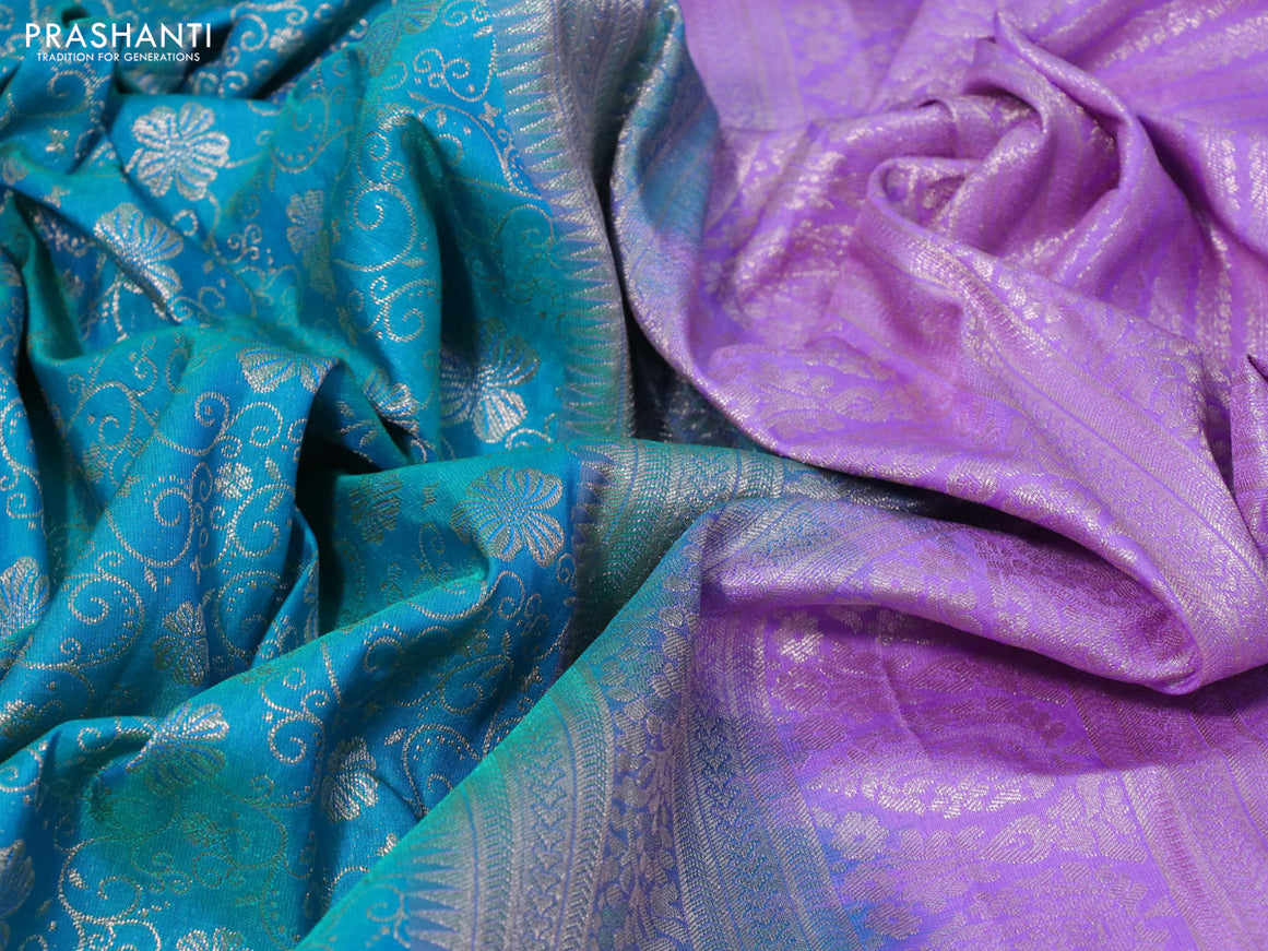 Bangalori silk saree cs blue and lavender shade with allover silver zari woven brocade weaves and silver zari woven border