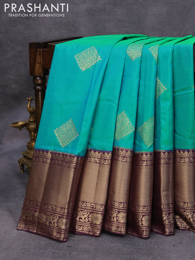 Bangalori silk saree dual shade of teal green and deep wine shade with zari woven buttas and long zari woven border