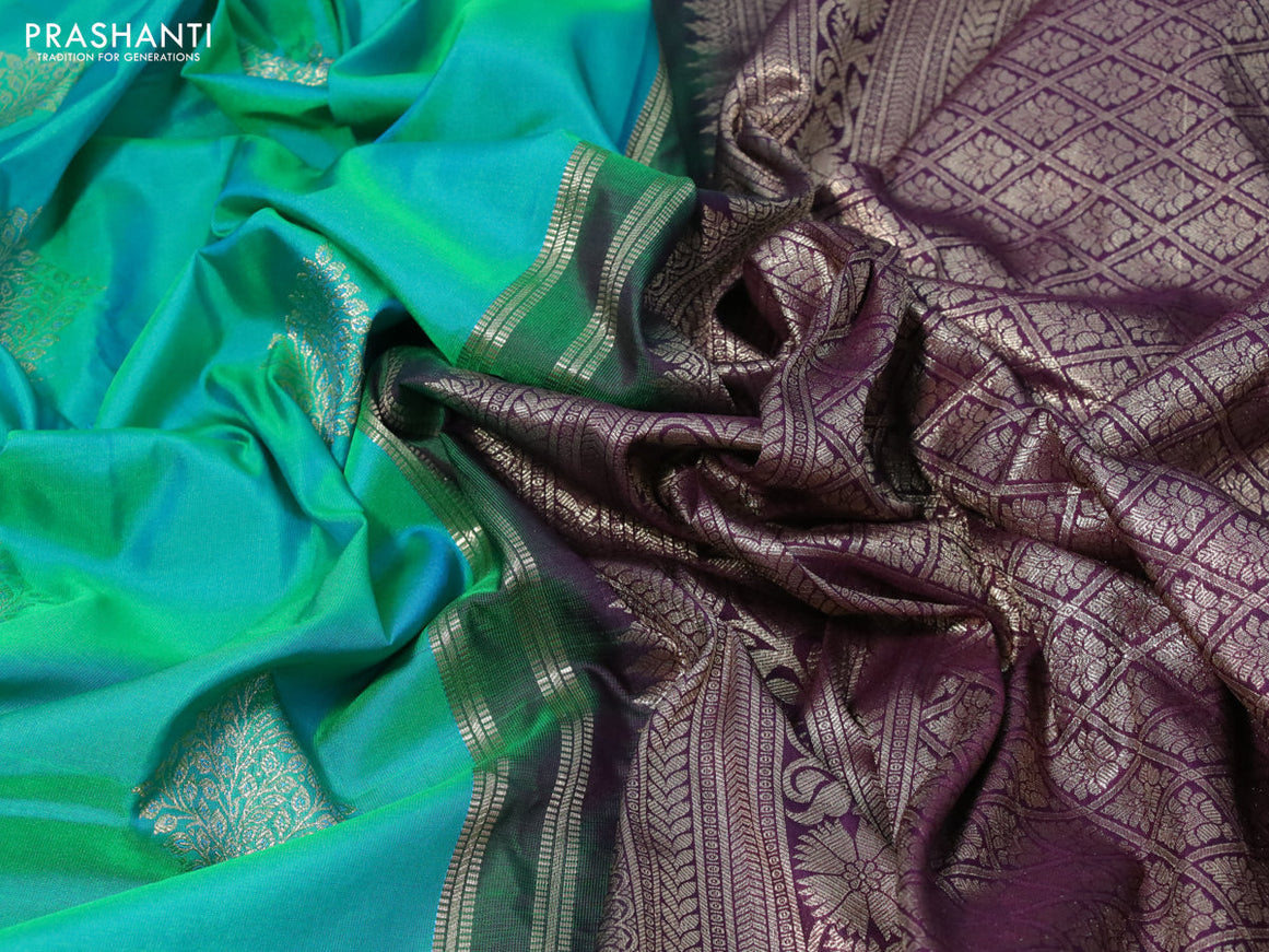 Bangalori silk saree dual shade of teal green and deep wine shade with zari woven buttas and long zari woven border