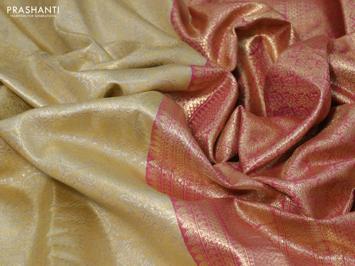 Bangalori tissue silk saree sandal and pink with allover silver zari woven brocade weaves and long zari woven border