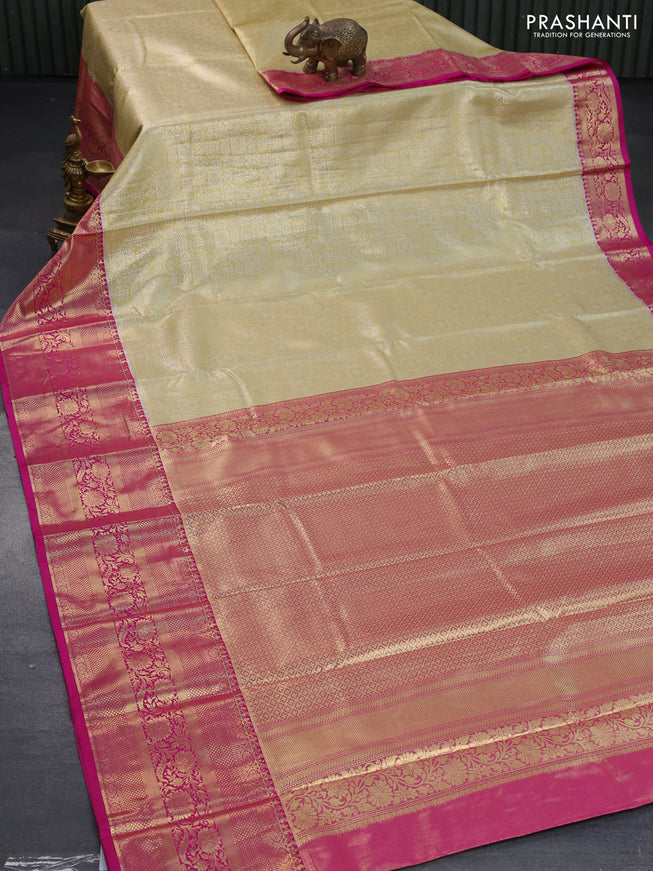 Bangalori tissue silk saree sandal and pink with allover silver zari woven brocade weaves and long zari woven border