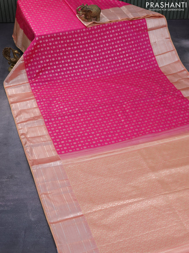 Bangalori silk saree pink and sandal with silver zari woven butta weaves and zari woven border