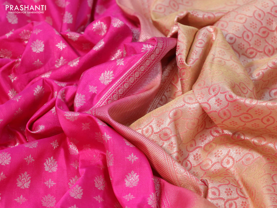 Bangalori silk saree pink and sandal with silver zari woven butta weaves and zari woven border