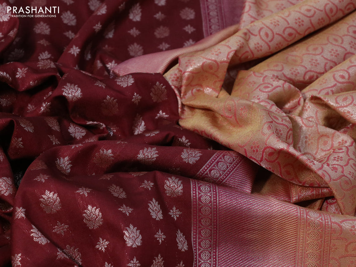 Bangalori silk saree maroon and sandal with silver zari woven butta weaves and zari woven border
