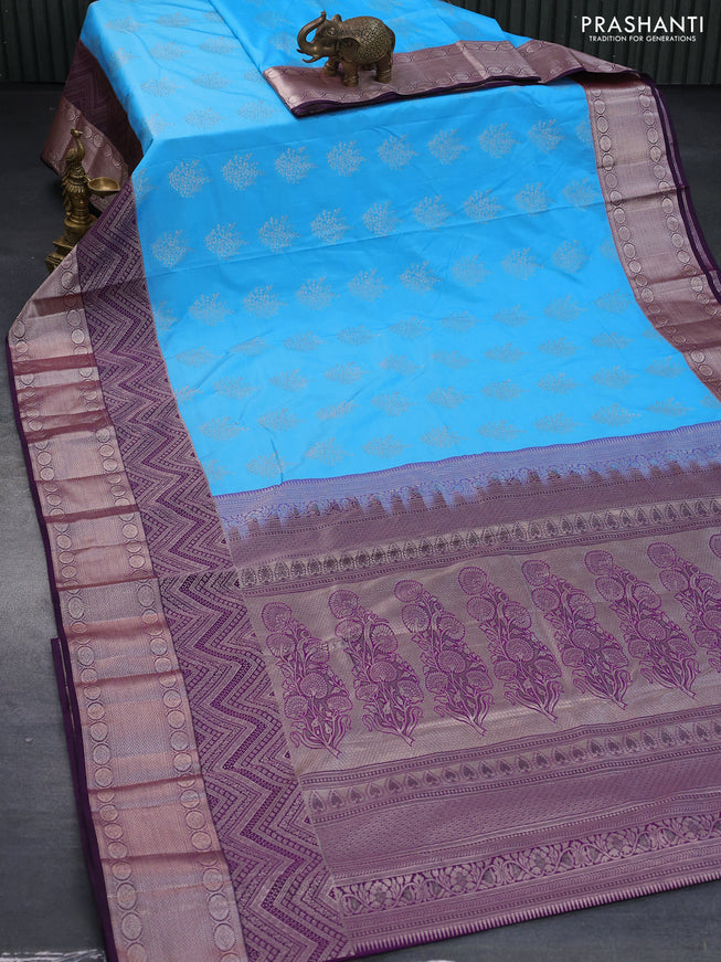Bangalori silk saree light blue and deep purple with silver zari woven buttas and long silver zari woven border