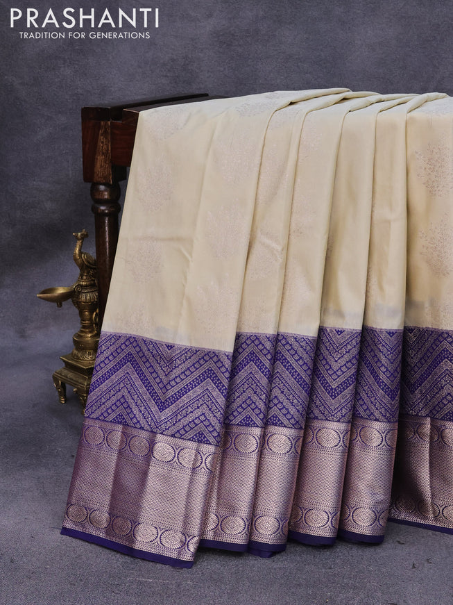 Bangalori silk saree cream and navy blue with silver zari woven buttas and long silver zari woven border