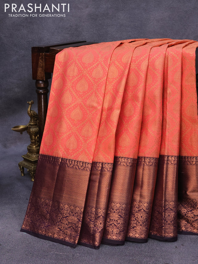 Bangalori silk saree peach pink and deep jamun shade with copper zari woven butta weaves and long copper zari woven border