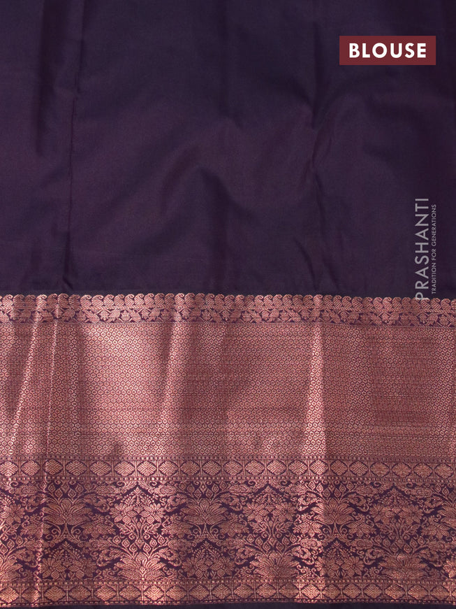 Bangalori silk saree peach pink and deep jamun shade with copper zari woven butta weaves and long copper zari woven border