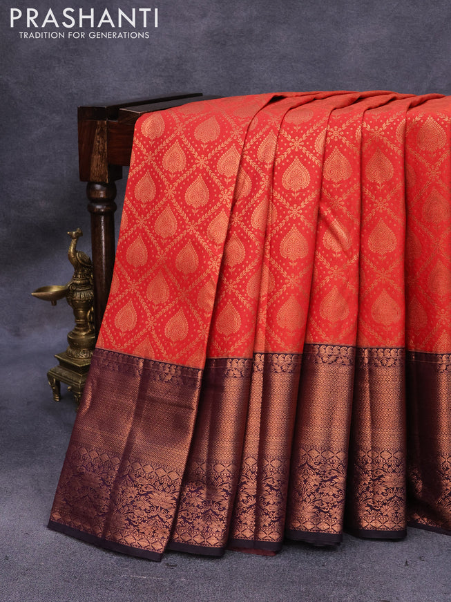 Bangalori silk saree orange and deep jamun shade with allover copper zari woven brocade weaves and long copper zari woven border