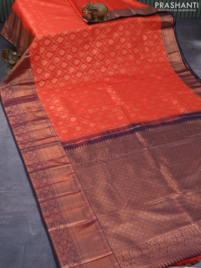 Bangalori silk saree orange and deep jamun shade with allover copper zari woven brocade weaves and long copper zari woven border