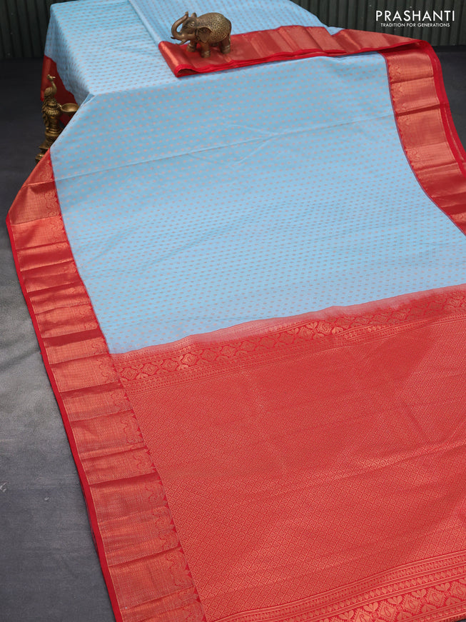 Bangalori silk saree light blue and red with allover copper zari woven butta weaves and copper zari woven border