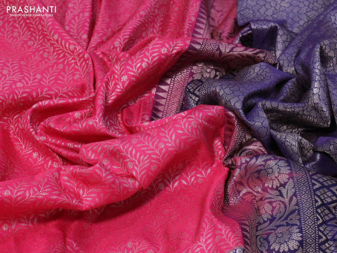 Bangalori silk saree candy pink and blue with allover silver zari weaves and long zari woven border