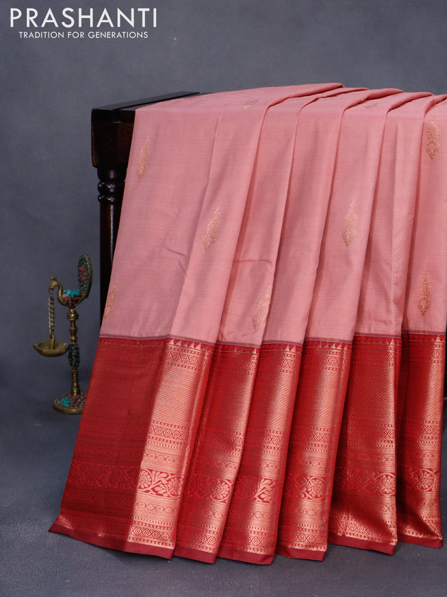 Bangalori silk saree pastel pink and maroon with copper zari woven buttas and long copper zari woven border