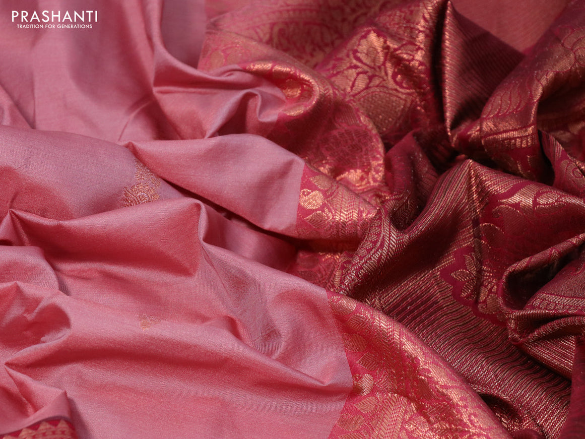Bangalori silk saree pastel pink and maroon with copper zari woven buttas and long copper zari woven border