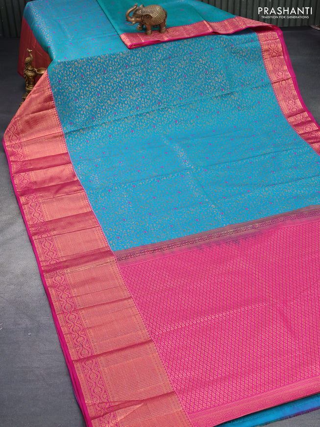 Bangalori silk saree dual shade of teal bluish green and pink with allover copper zari weaves and long copper zari woven border