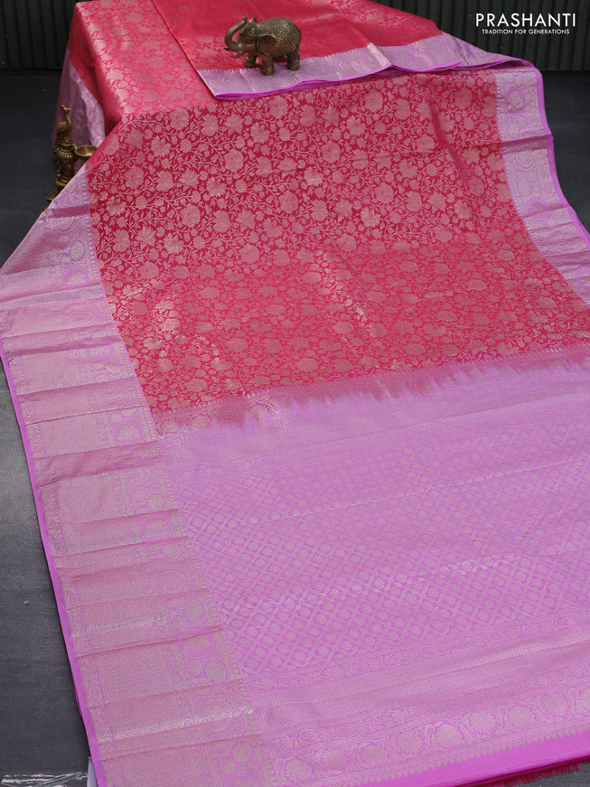 Bangalori silk saree pink and lotus pink with allover zari woven floral brocade weaves and long zari woven border