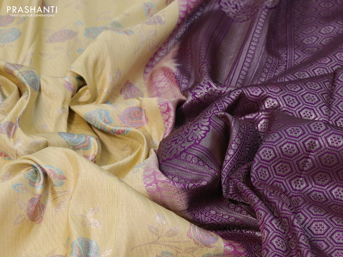 Bangalori silk saree cream and purple with allover zari woven floral brocade weaves and long zari woven border
