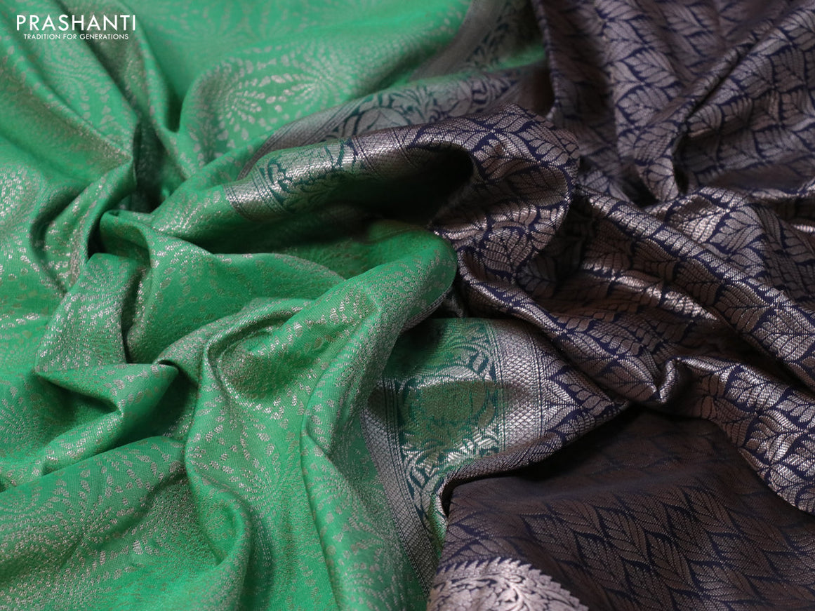 Bangalori silk saree green and dark navy blue with allover zari weaves and zari woven border