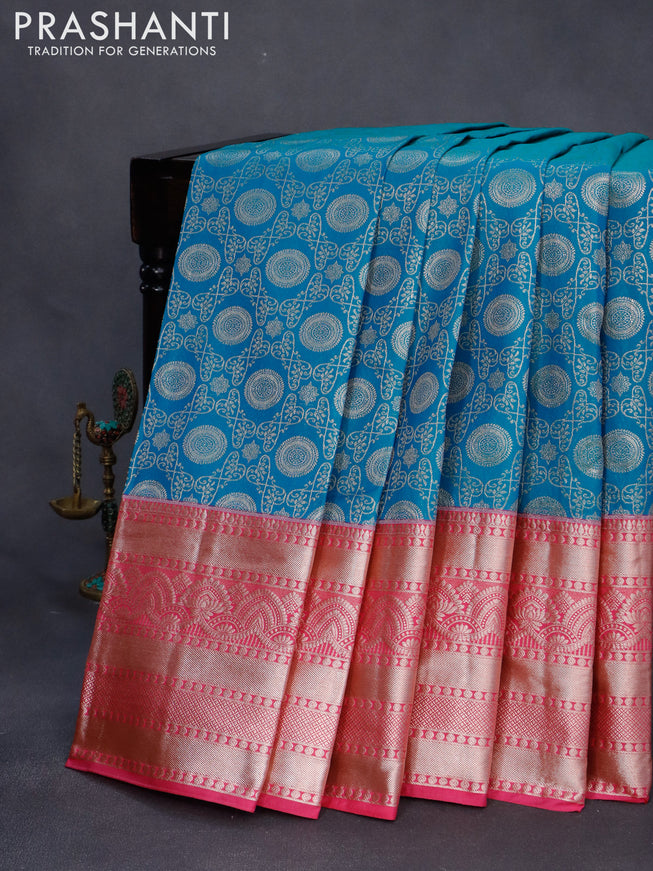 Bangalori silk saree cs blue and pink with allover silver zari woven brocade weaves and zari woven border