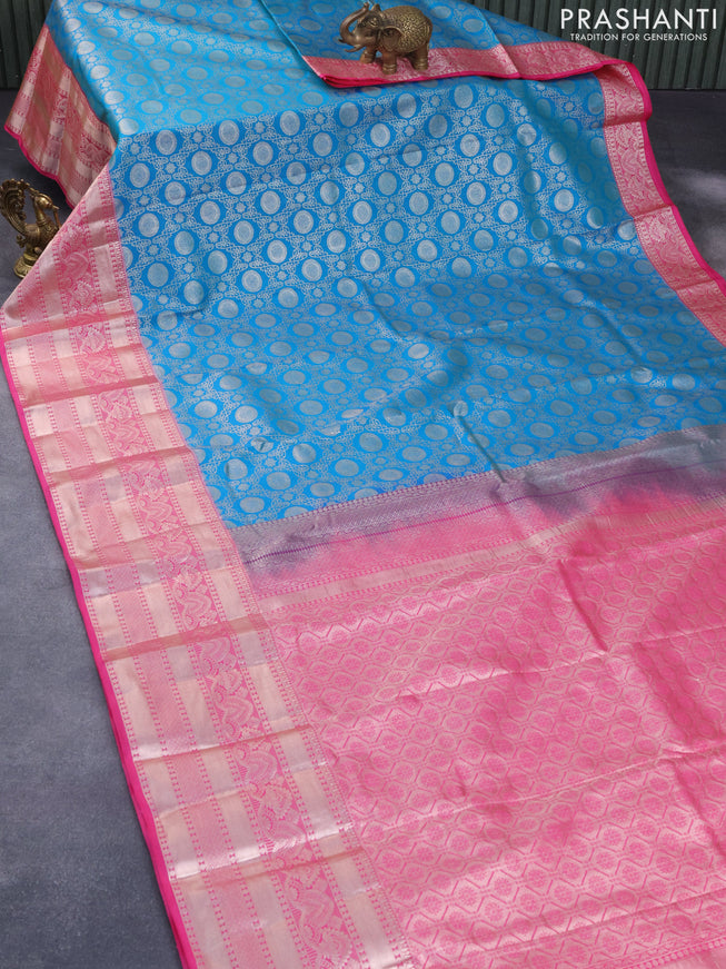 Bangalori silk saree cs blue and pink with allover silver zari woven brocade weaves and zari woven border