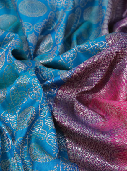 Bangalori silk saree cs blue and pink with allover silver zari woven brocade weaves and zari woven border