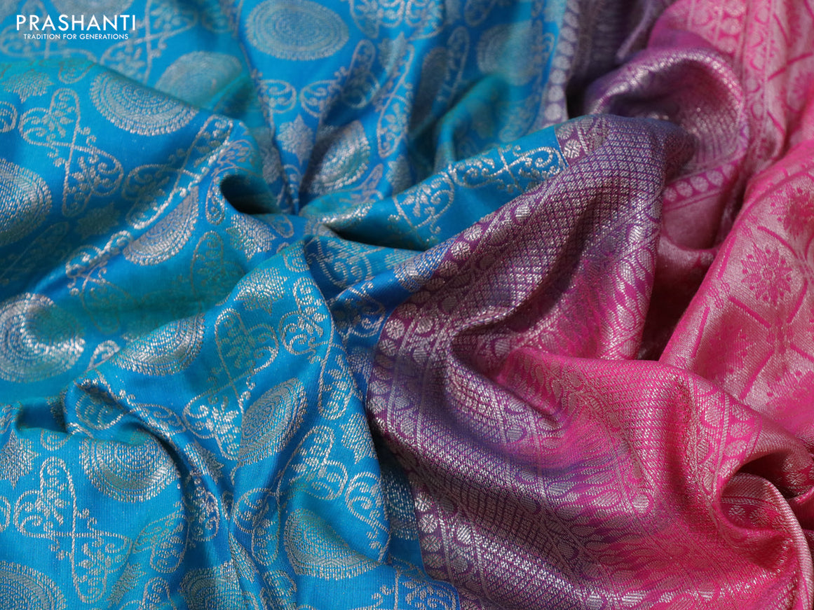 Bangalori silk saree cs blue and pink with allover silver zari woven brocade weaves and zari woven border