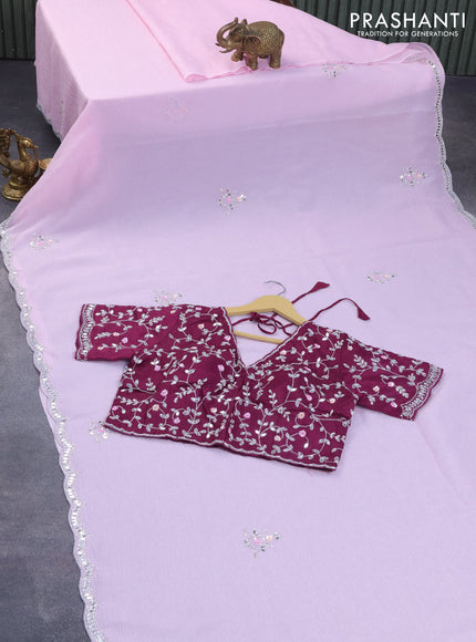 Crushed tissue saree baby pink and wine shade with floral mirror & sequin work buttas and mirror & beaded work border with sequin work readymade blouse