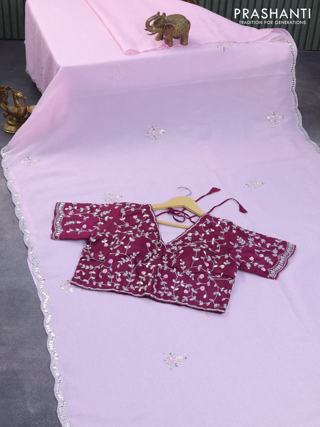 Crushed tissue saree baby pink and wine shade with floral mirror & sequin work buttas and mirror & beaded work border with sequin work readymade blouse