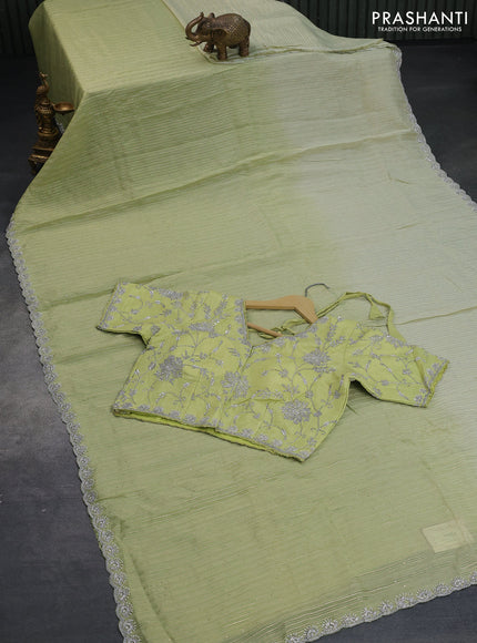 Organza silk saree pista green with allover zari weaves and beaded work border with sequin work readymade blouse