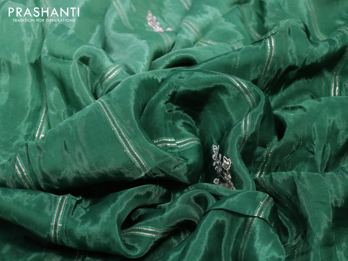 Satin crepe silk saree green with stripe pattern & floral sequin work buttas and sequin & stone work border with sequin work readymade blouse