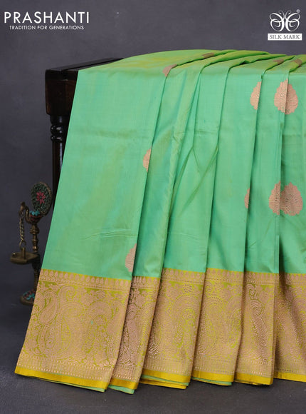 Pure banarasi katan silk saree green shade and yellow with copper zari woven buttas and zari woven border