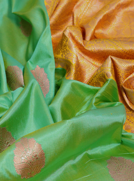 Pure banarasi katan silk saree green shade and yellow with copper zari woven buttas and zari woven border