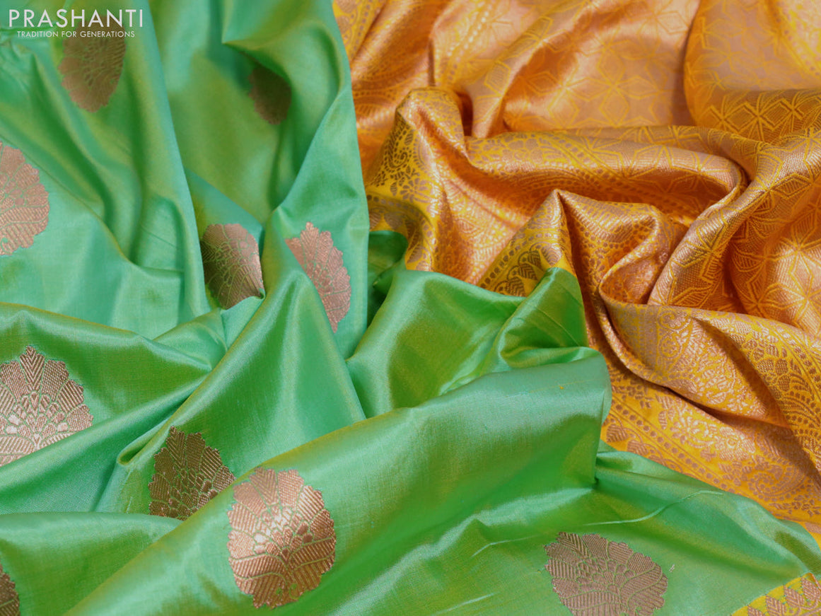 Pure banarasi katan silk saree green shade and yellow with copper zari woven buttas and zari woven border