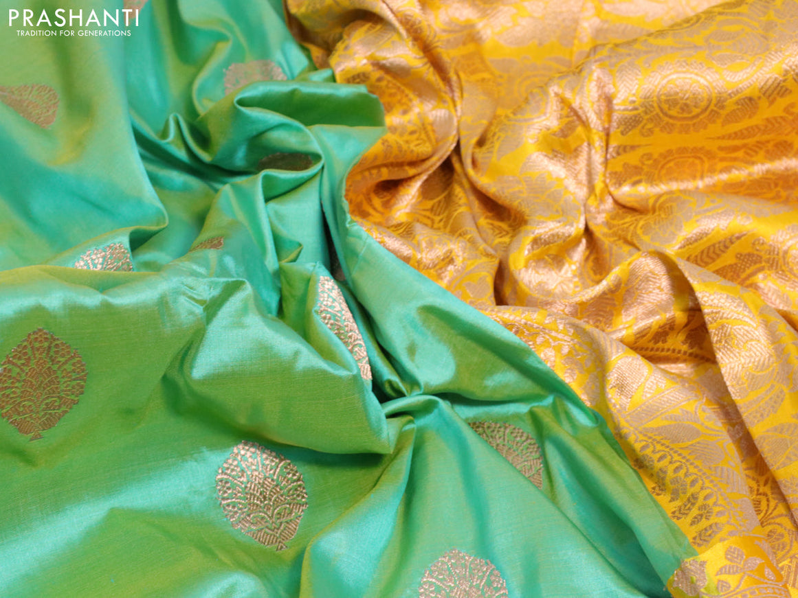 Pure banarasi katan silk saree green shade and yellow with copper zari woven buttas and copper zari woven border