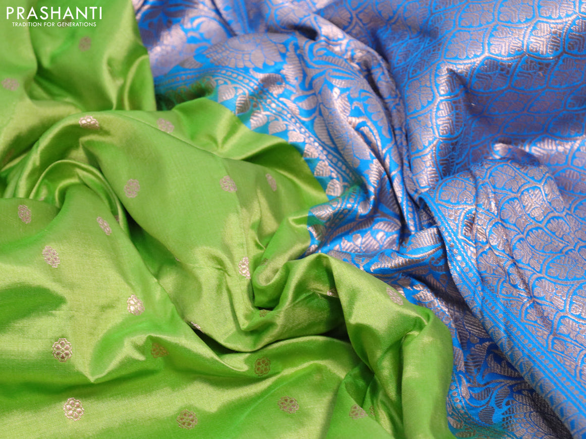 Pure banarasi katan silk saree light green and cs blue with allover zari woven buttas and zari woven floral border