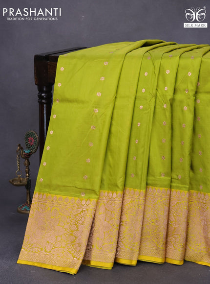 Pure banarasi katan silk saree lime green and yellow with allover zari woven buttas and zari woven floral border