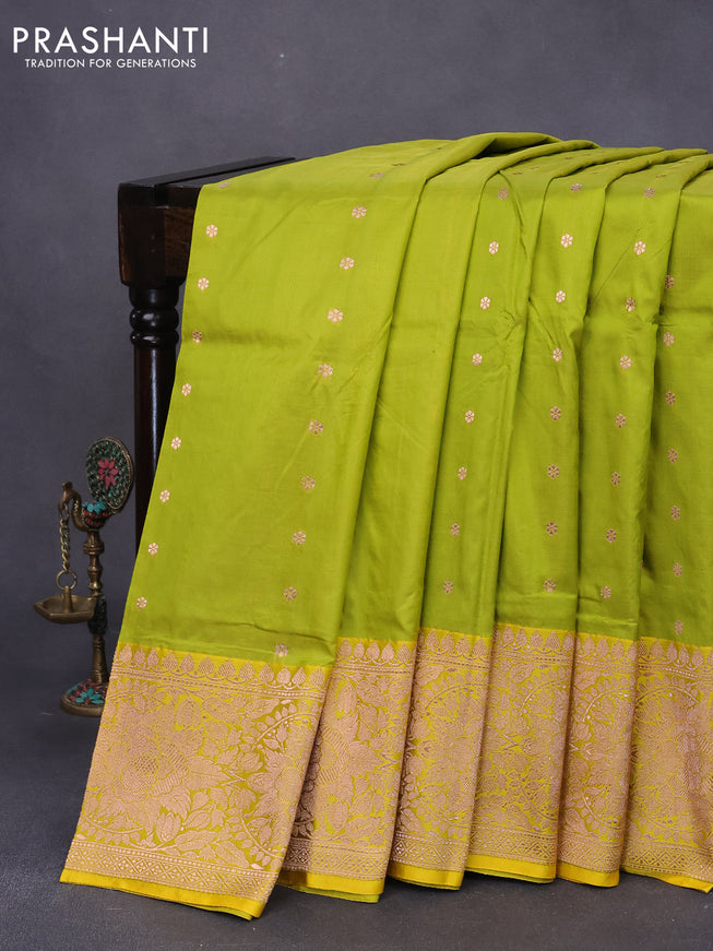 Pure banarasi katan silk saree lime green and yellow with allover zari woven buttas and zari woven floral border