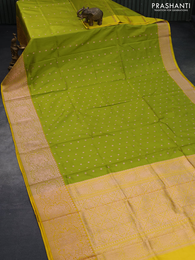 Pure banarasi katan silk saree lime green and yellow with allover zari woven buttas and zari woven floral border