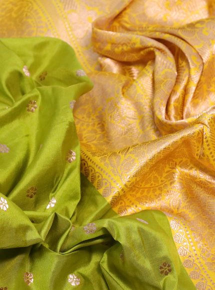 Pure banarasi katan silk saree lime green and yellow with allover zari woven buttas and zari woven floral border