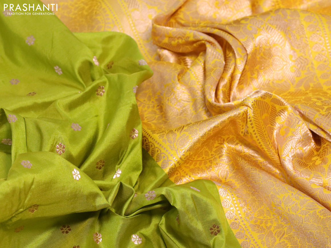 Pure banarasi katan silk saree lime green and yellow with allover zari woven buttas and zari woven floral border