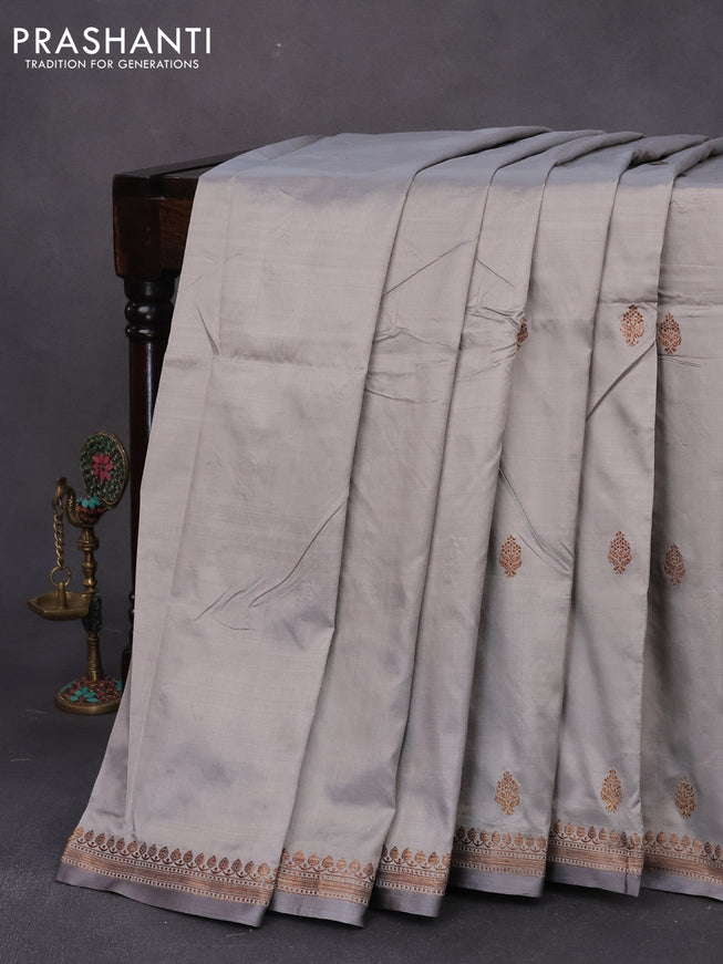 Pure banarasi katan silk saree grey with thread & zari woven buttas and woven border