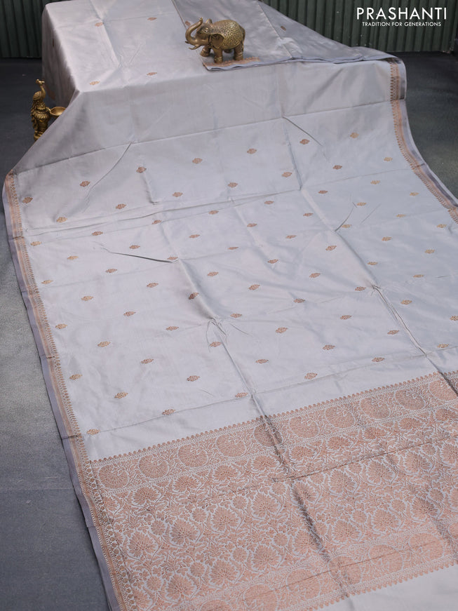 Pure banarasi katan silk saree grey with thread & zari woven buttas and woven border