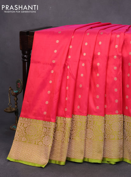 Pure banarasi katan silk saree dual shade of pink and lime green with allover zari woven butta weaves and zari woven border