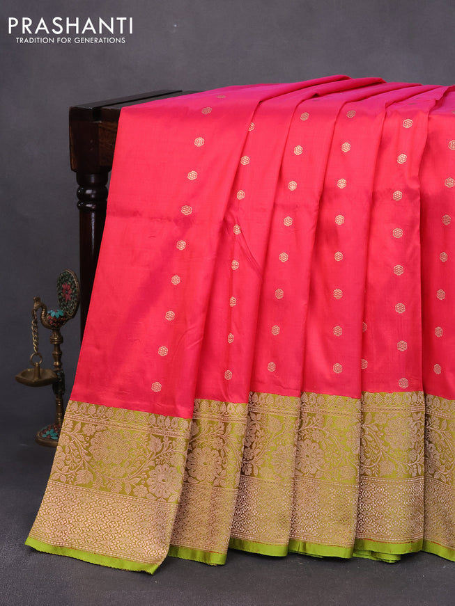 Pure banarasi katan silk saree dual shade of pink and lime green with allover zari woven butta weaves and zari woven border